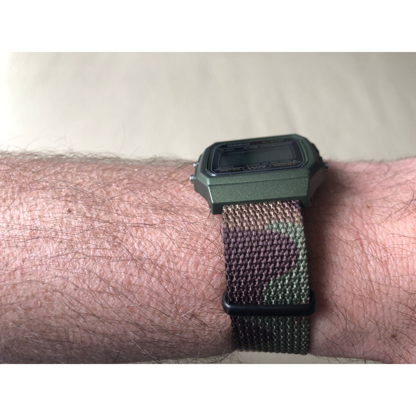 Green Casio f91W with Camo Strap