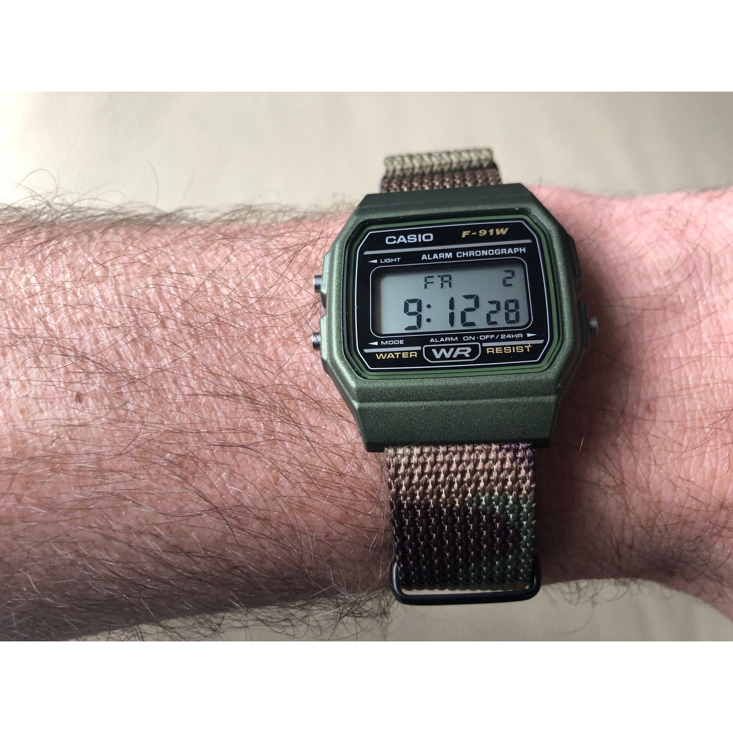 Green Casio f91W with Camo Strap