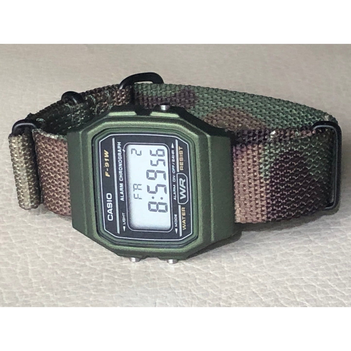 Green Casio f91W with Camo Strap