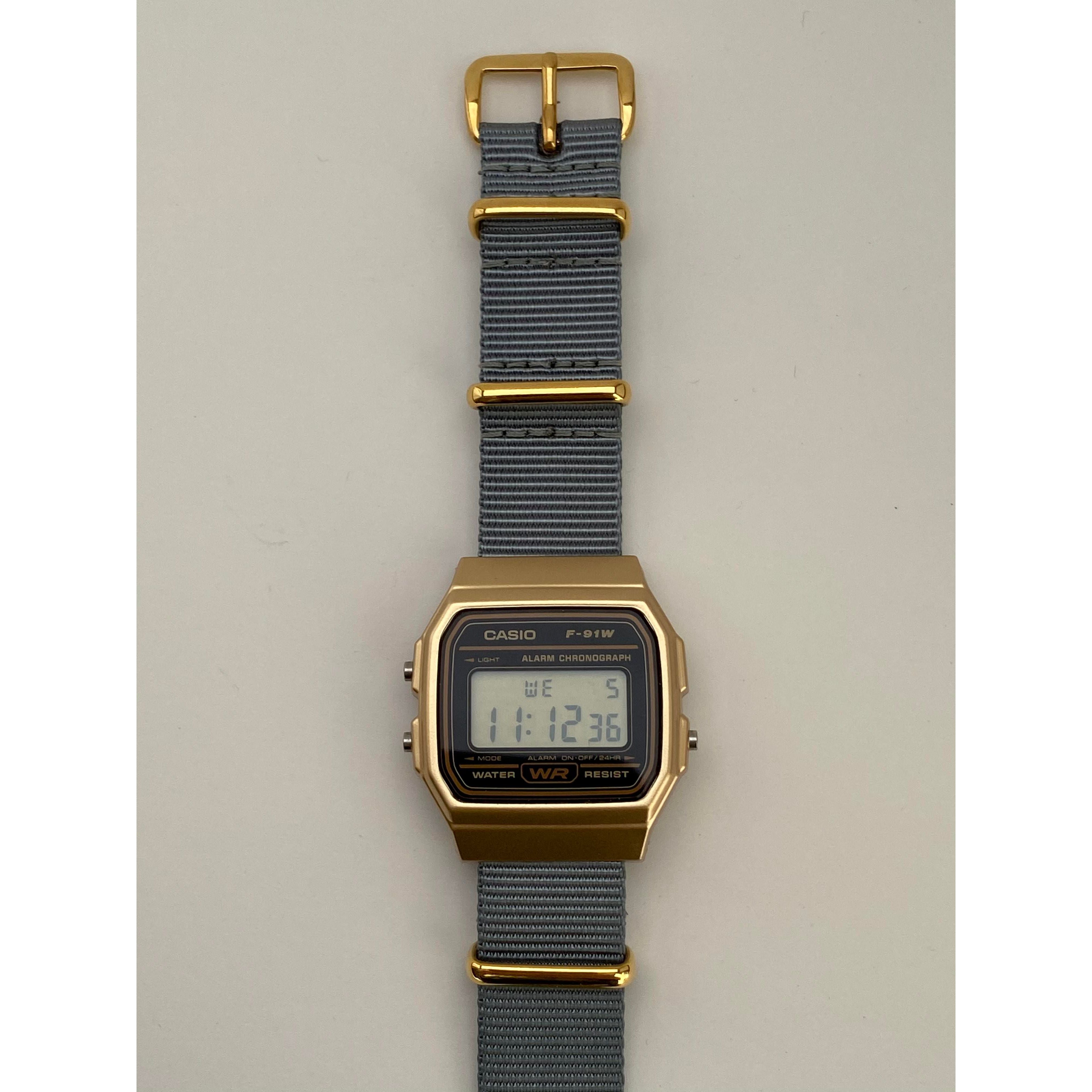 Custom Gold Casio F91w On Grey Strap